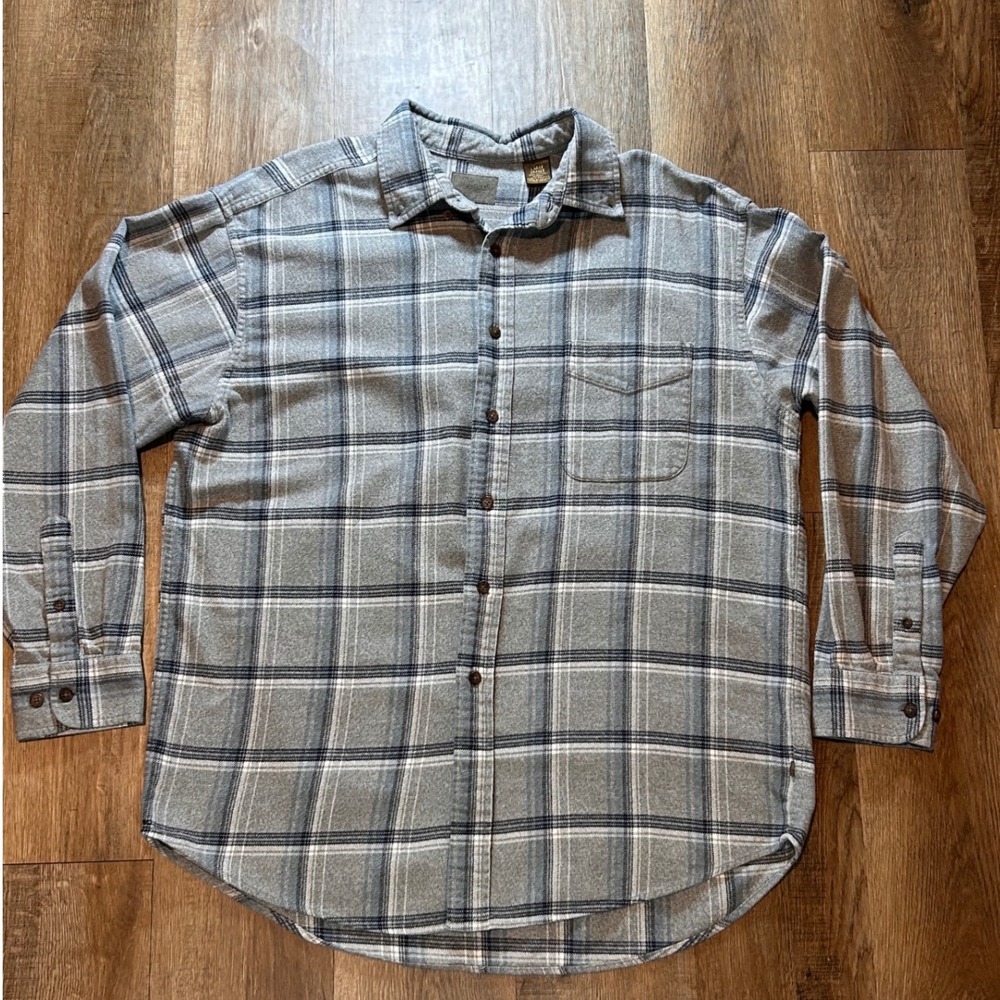 St Johns Bay Mens Large Flannel Shirt Grey Blue Plaid Long Sleeve Cotton 90s